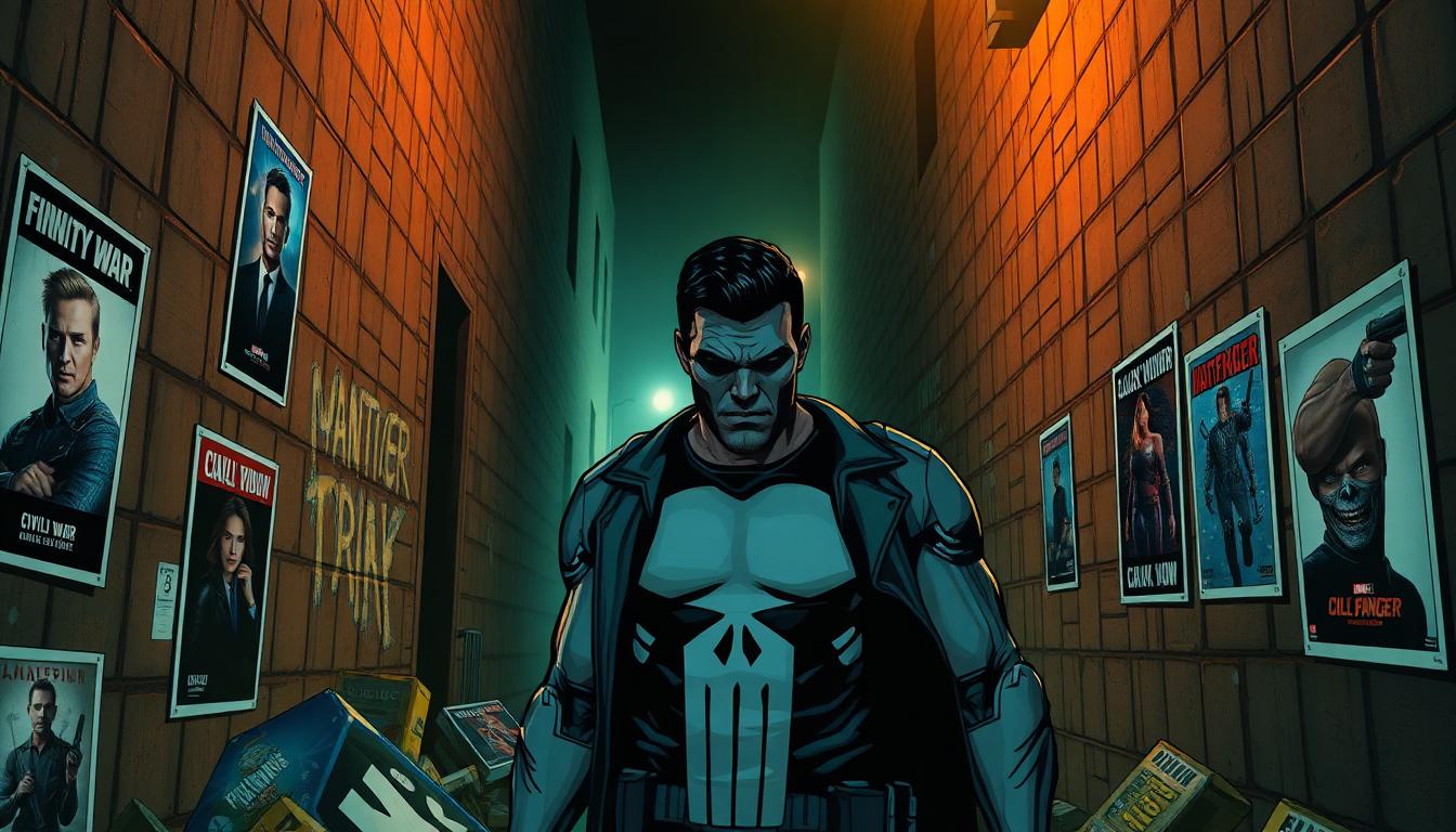 Marvel Movies That Would End Instantly If The Punisher Joined the Story 3 The Punisher in a dark alley, multiple movie posters in trash around him (Infinity War, Civil War, Black Widow, etc), bullet holes and crime-fighting motifs, comic realism