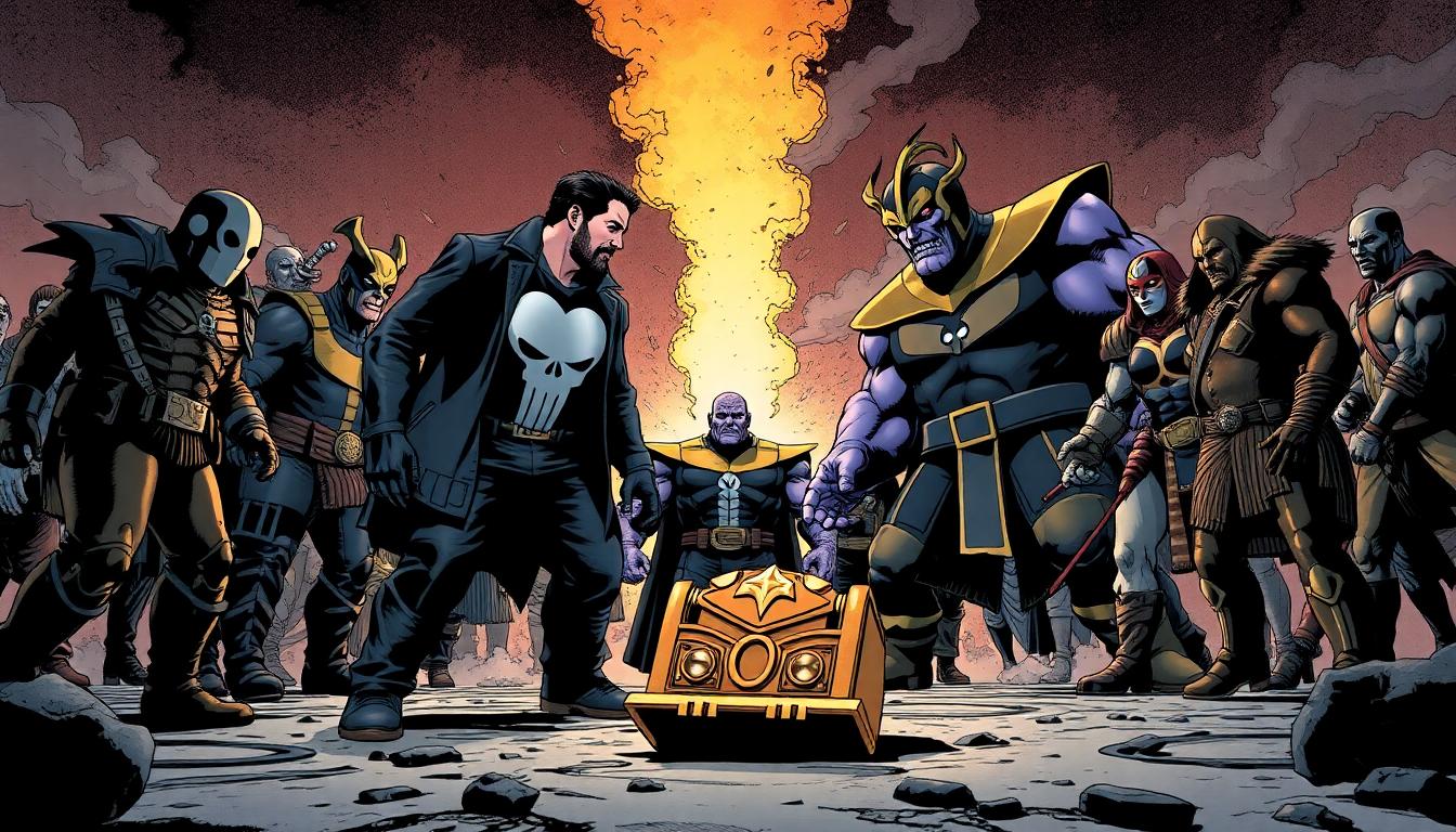 Marvel Movies That Would End Instantly If The Punisher Joined the Story 2 A tense showdown: The Punisher confronts Thanos and assorted Marvel villains, Infinity Gauntlet on ground, stark and bold colors, grim tone, dynamic comic panel style