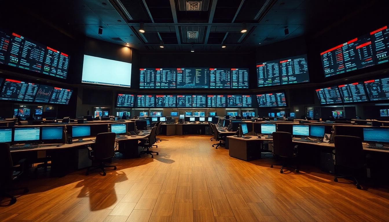 Quiet trading floor with static monitors