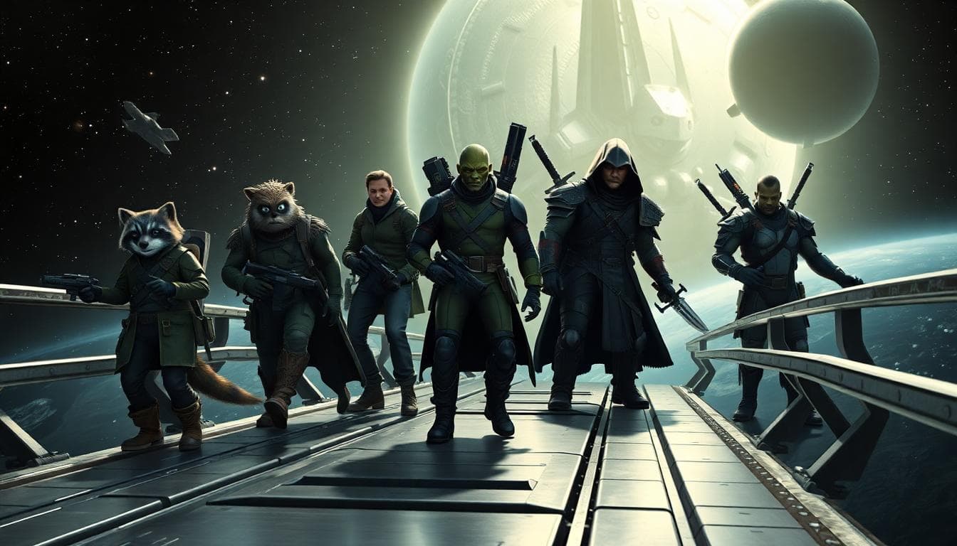 Silhouettes of a ragtag space team on a starship catwalk with a looming alien ship behind