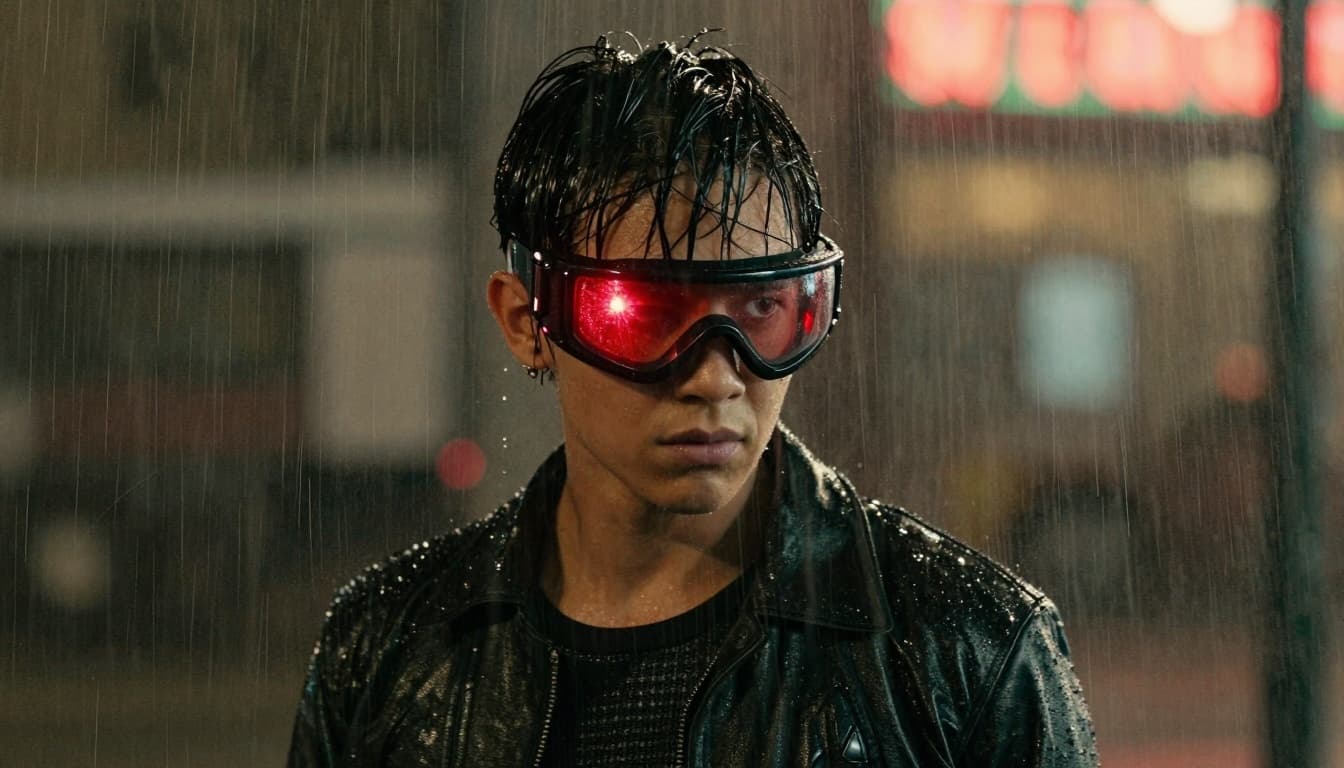 A generic superhero with visor-like eye gear in the rain with red light reflecting, suggesting optic energy