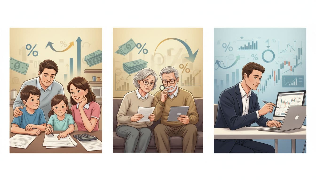 Borrowers, savers, and an investor reacting to interest rate changes