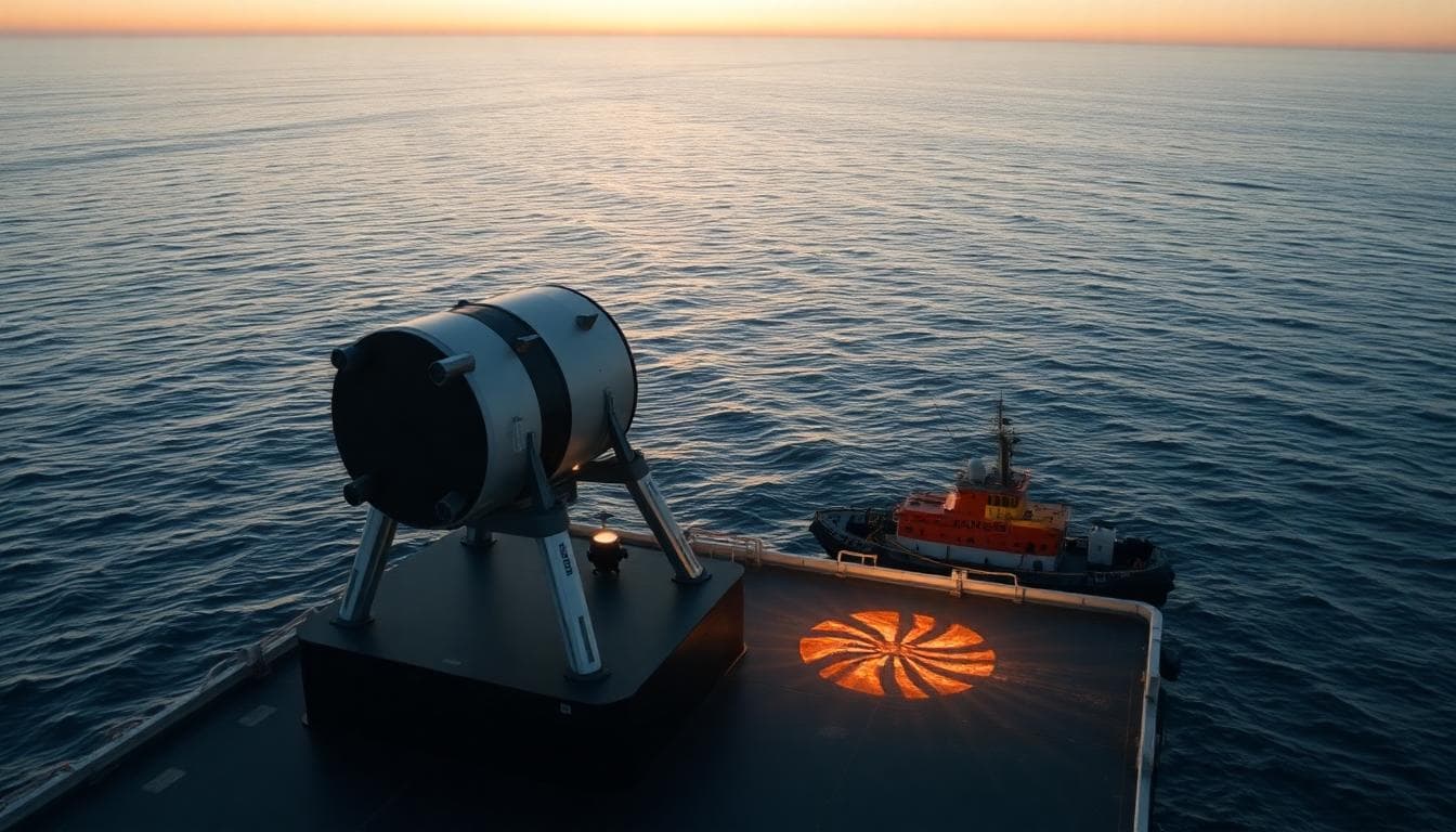 Recovered New Glenn first stage on a drone ship at sunrise