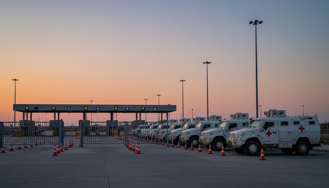Red Cross convoy at a border crossing at dusk, checkpoint lights