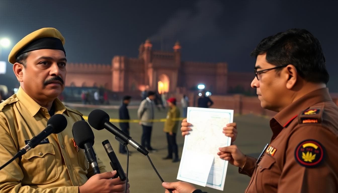 Police officials brief the media near Red Fort after the blast