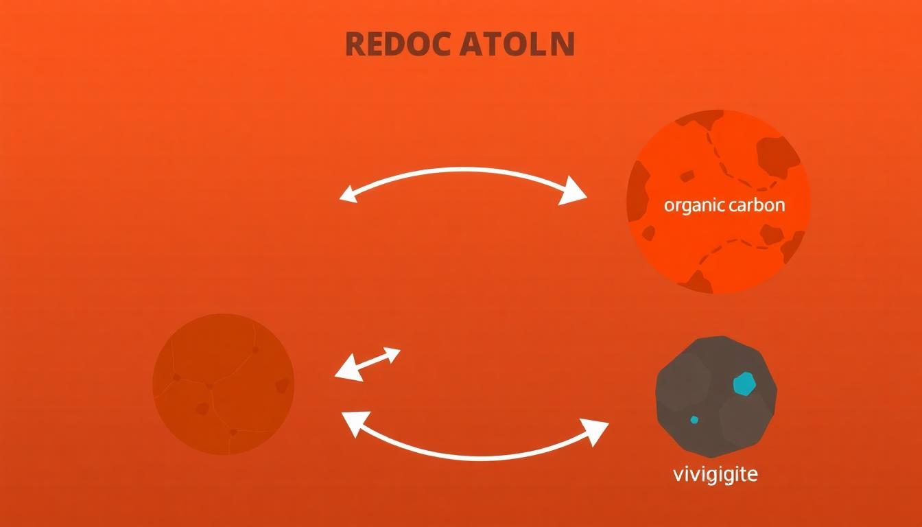 Infographic showing conceptual redox cycle with organic carbon, iron phosphate, and iron sulfide on Mars