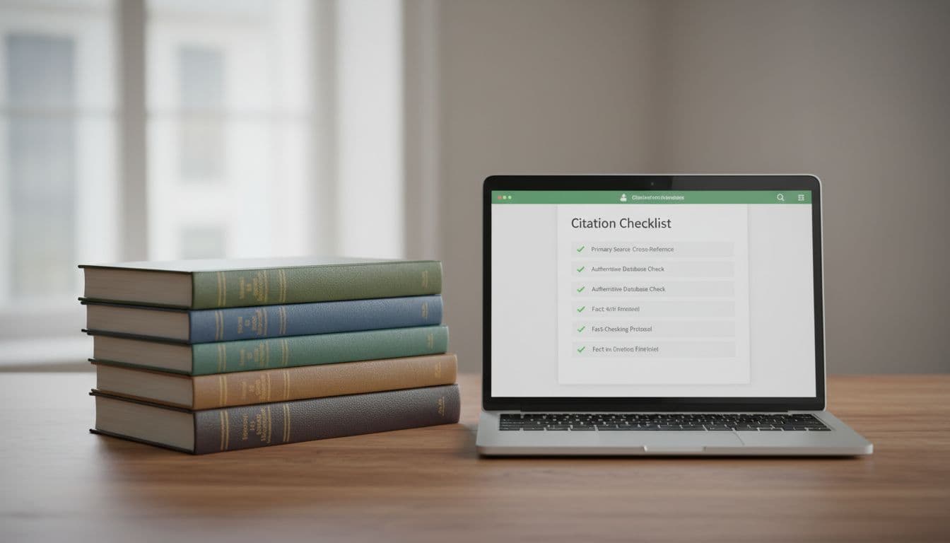 Stack of reference books and a laptop showing a citation checklist