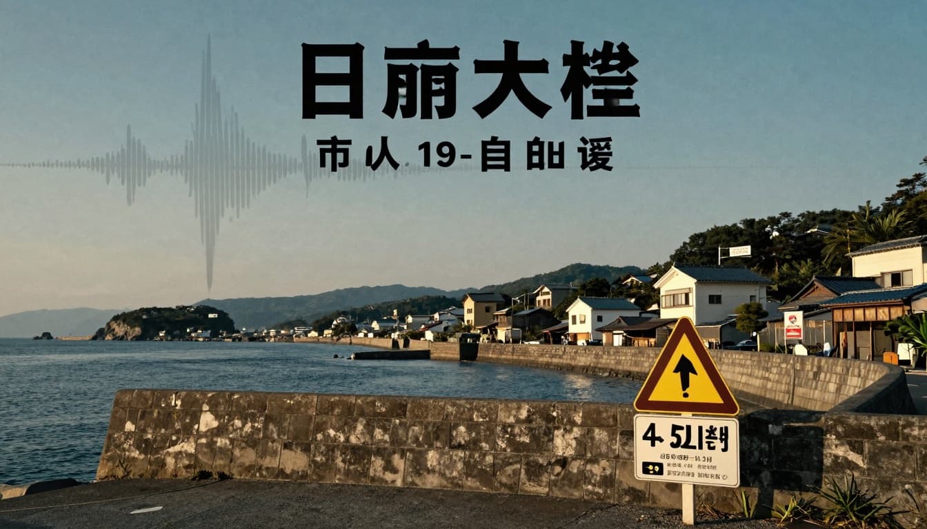 Japanese coastal town with seawalls and tsunami warning signs at dusk
