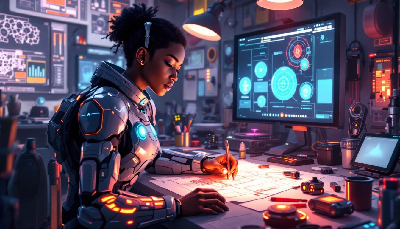 Riri Williams working in her high-tech lab, surrounded by blueprints, gadgets, glowing armor parts, and screens with AI holograms, showing her as a brilliant young inventor.