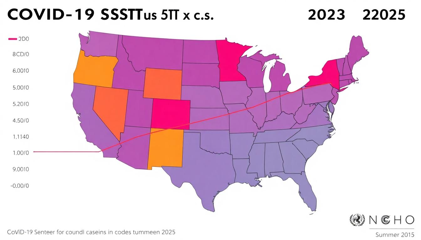 Chart showing rising COVID-19 Stratus (XFG) cases in the U.S. through summer 2025, color-coded states with high positivity, trend lines, CDC and WHO logos, clear modern look