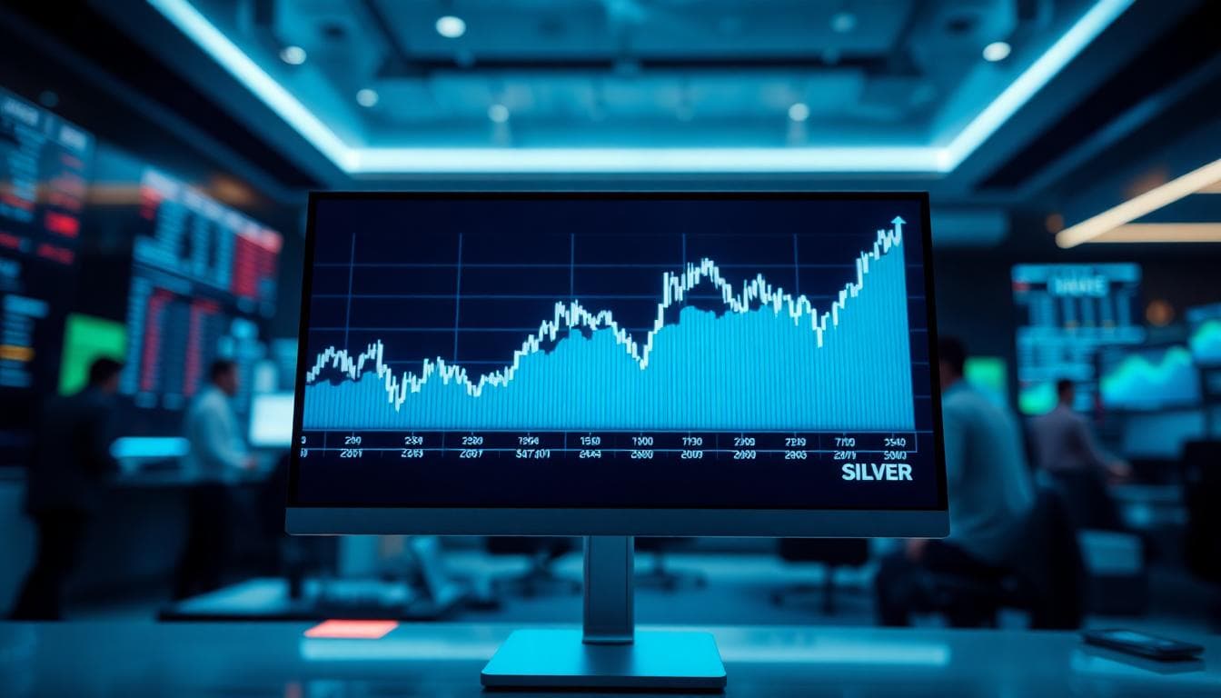 Financial chart showing rising silver prices on a screen in a modern trading room