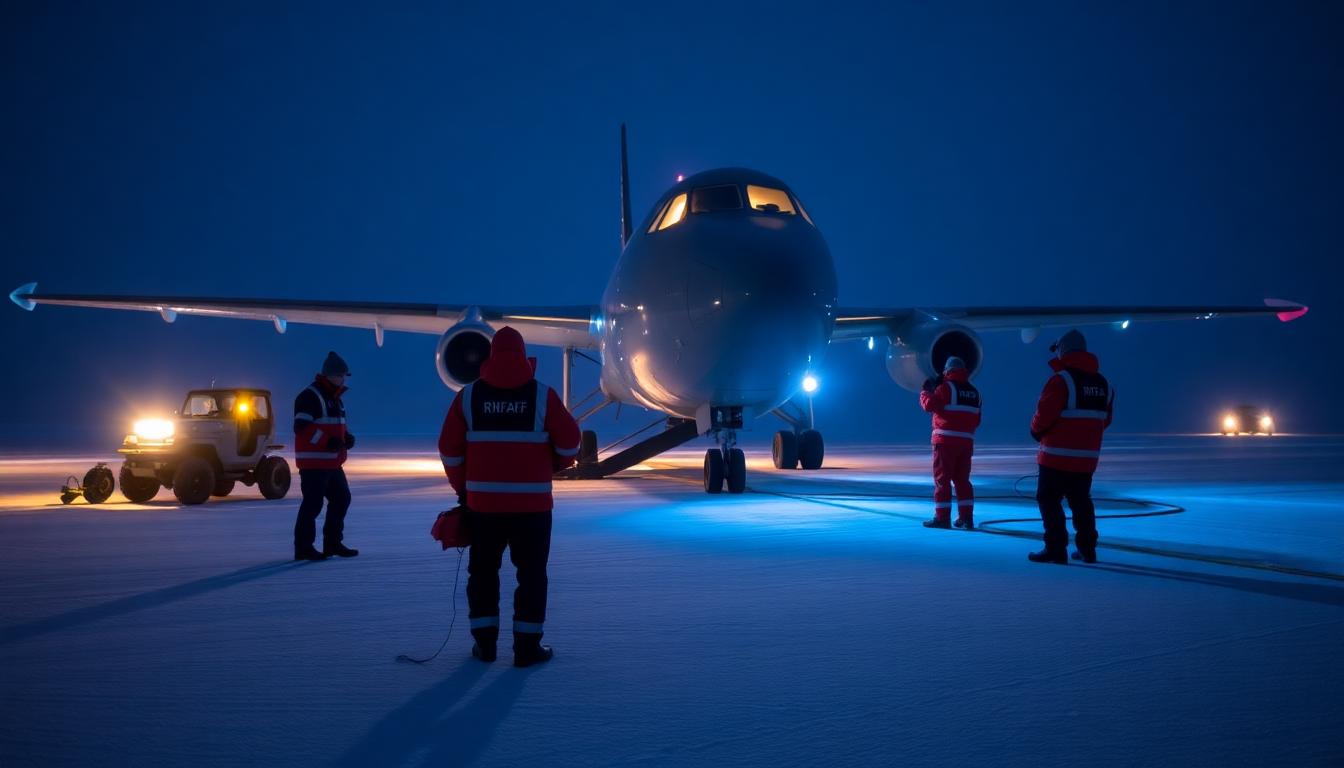 Daring Antarctic Rescue: Three Americans Airlifted After Medical Emergency at Research Station 3 RNZAF ground crew in heavy winter clothing de-icing plane and preparing Antarctic runway, equipment glowing in darkness