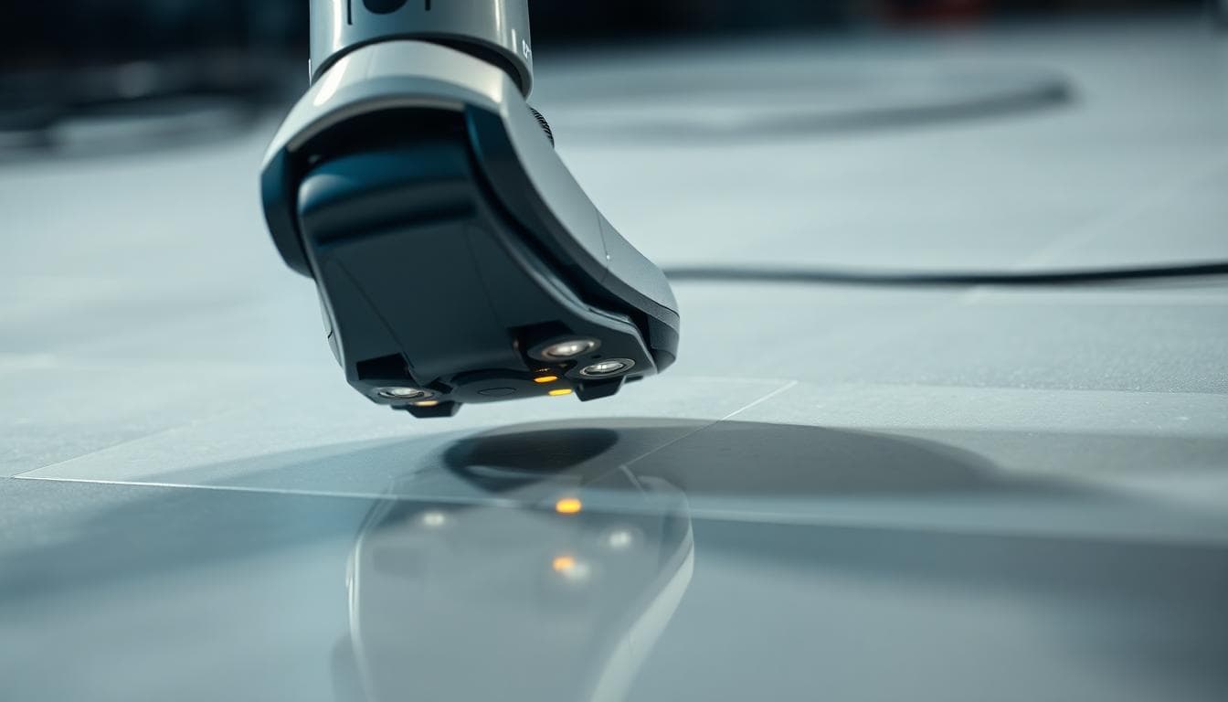 Russian Humanoid Robot Falls During Hyped Debut: What It Really Means for AI and Robotics 2 Close-up of robot foot with pressure sensors slipping on a reflective floor