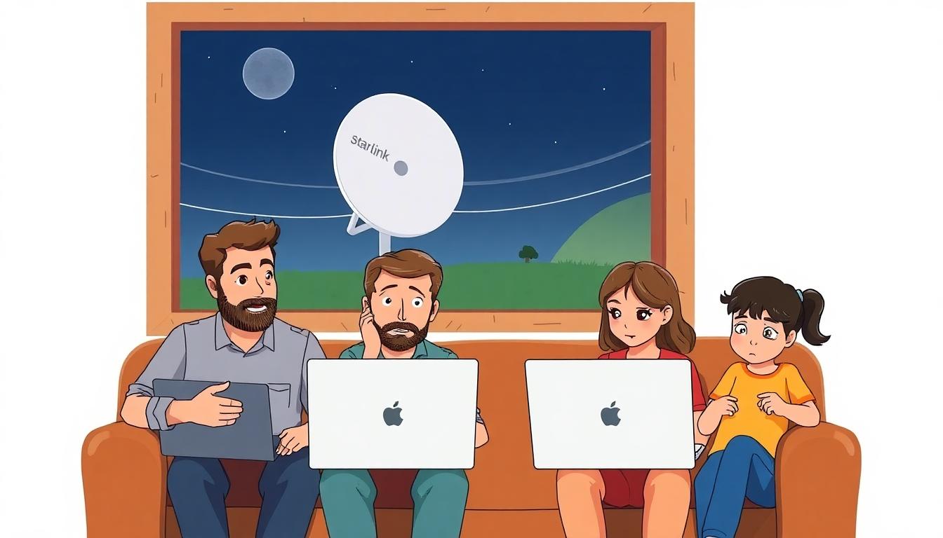Starlink Outage Knocks Tens of Thousands Offline Worldwide 2 Frustrated rural family with disconnected laptops, Starlink dish visible outside