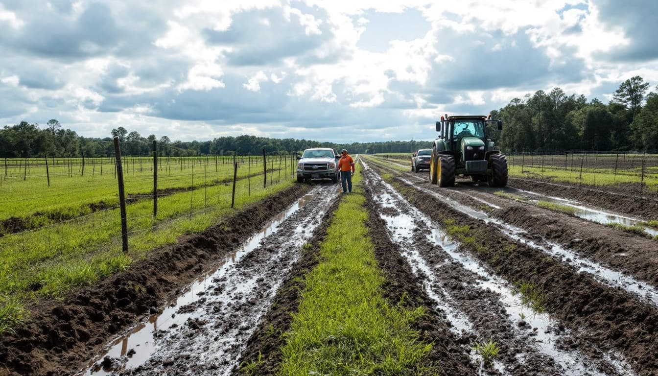 USDA Approves $531 Million to Help Georgia Farmers Recover From Hurricane Helene 3 Crews repairing irrigation and fencing on a Georgia farm after hurricane flooding