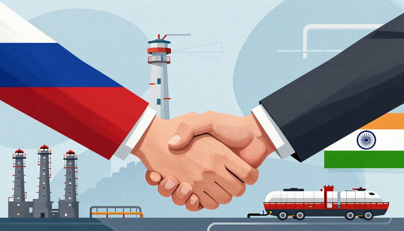 Illustration of Russia and India energy cooperation with handshake and fuel infrastructure
