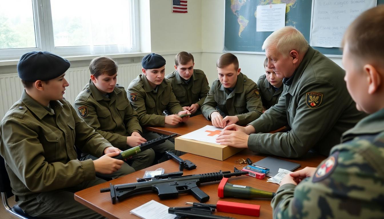 A Russian classroom, students in uniform learning first aid and handling military props, with a veteran teaching at the front.