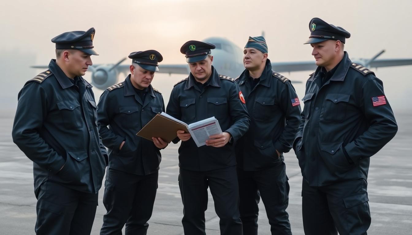 Image: Experienced Russian pilots and flight engineers in uniform, reviewing checklists beside an aging An-24 aircraft at dawn, determined and solemn.