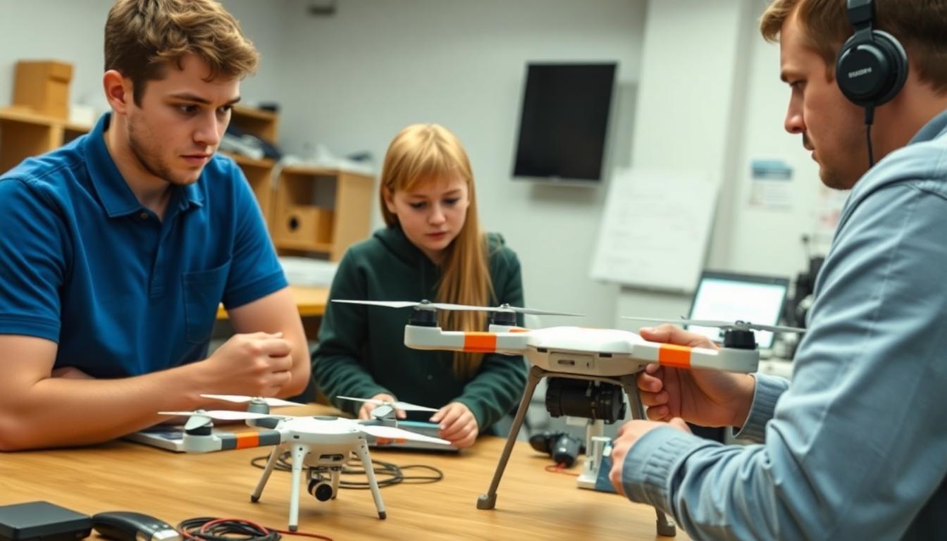 Russian teenagers in a tech workshop, assembling and programming drones under the watchful eye of an adult supervisor, showing both engagement and unease.