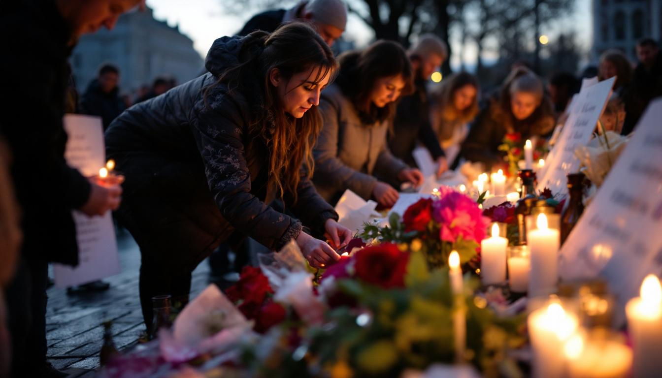 Image: Russian citizens light candles and lay flowers at a public memorial to the crash victims, faces showing sorrow and solidarity under a quiet evening sky.