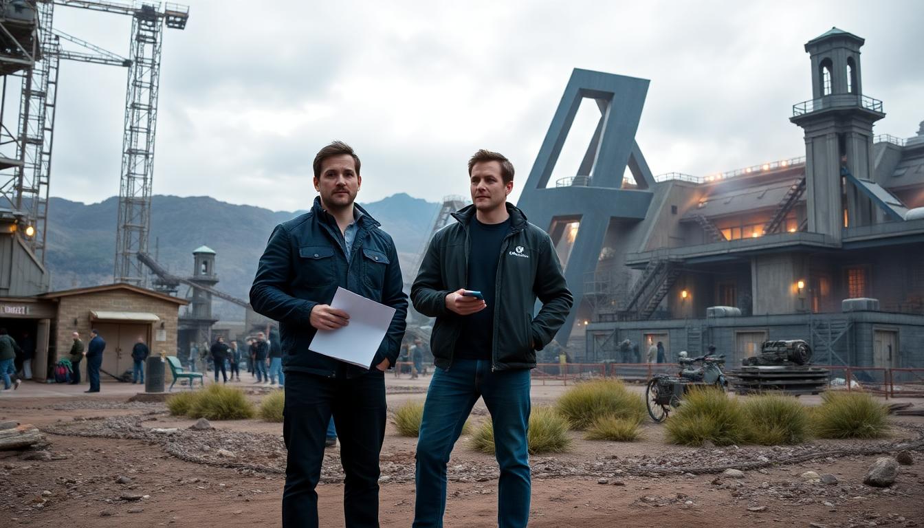 Directors Joe and Anthony Russo on a large Avengers film set, standing beside elaborate set pieces with script in hand, Stephen McFeely joining, Marvel filmmaking atmosphere.