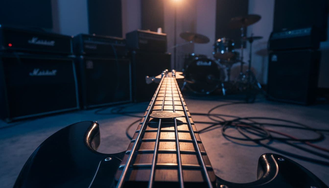 Close-up of bass guitar strings and fretboard under stage lights