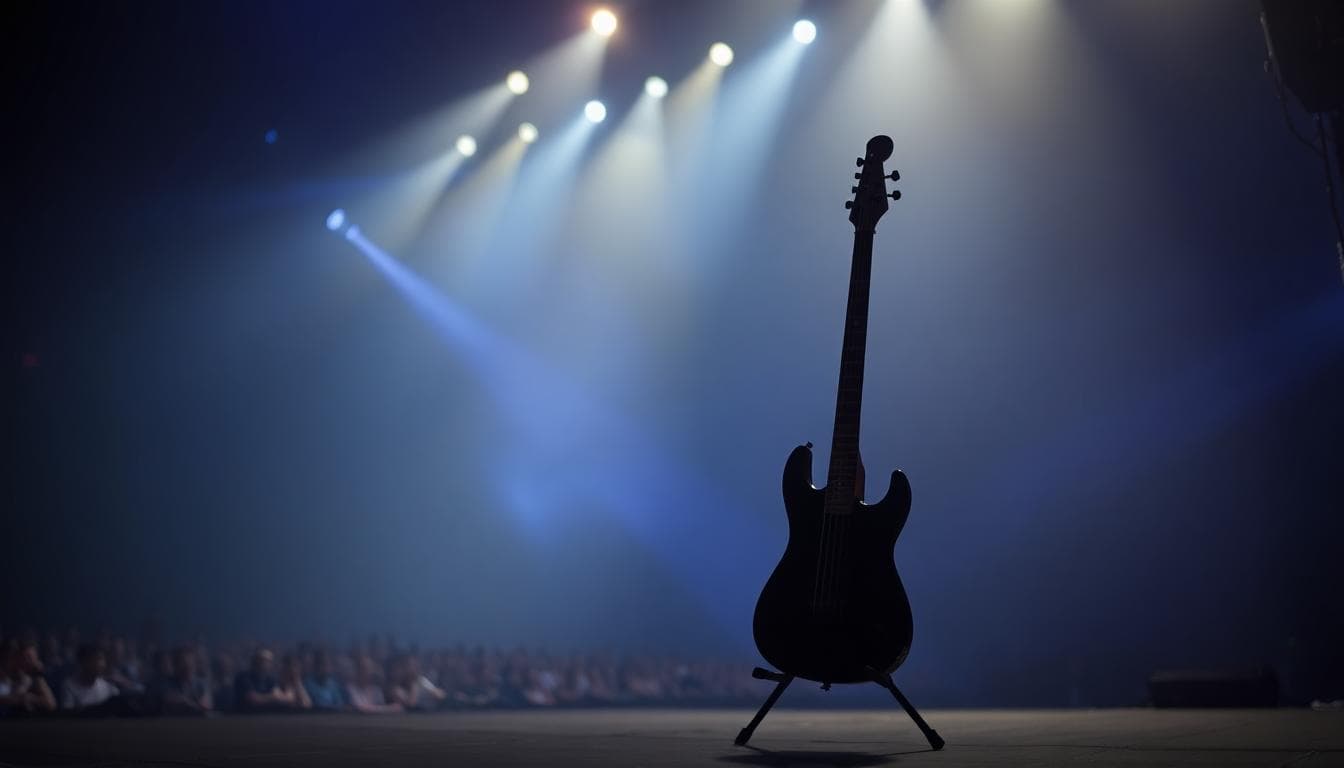 Lone bass on a stand under a spotlight on a dim concert stage