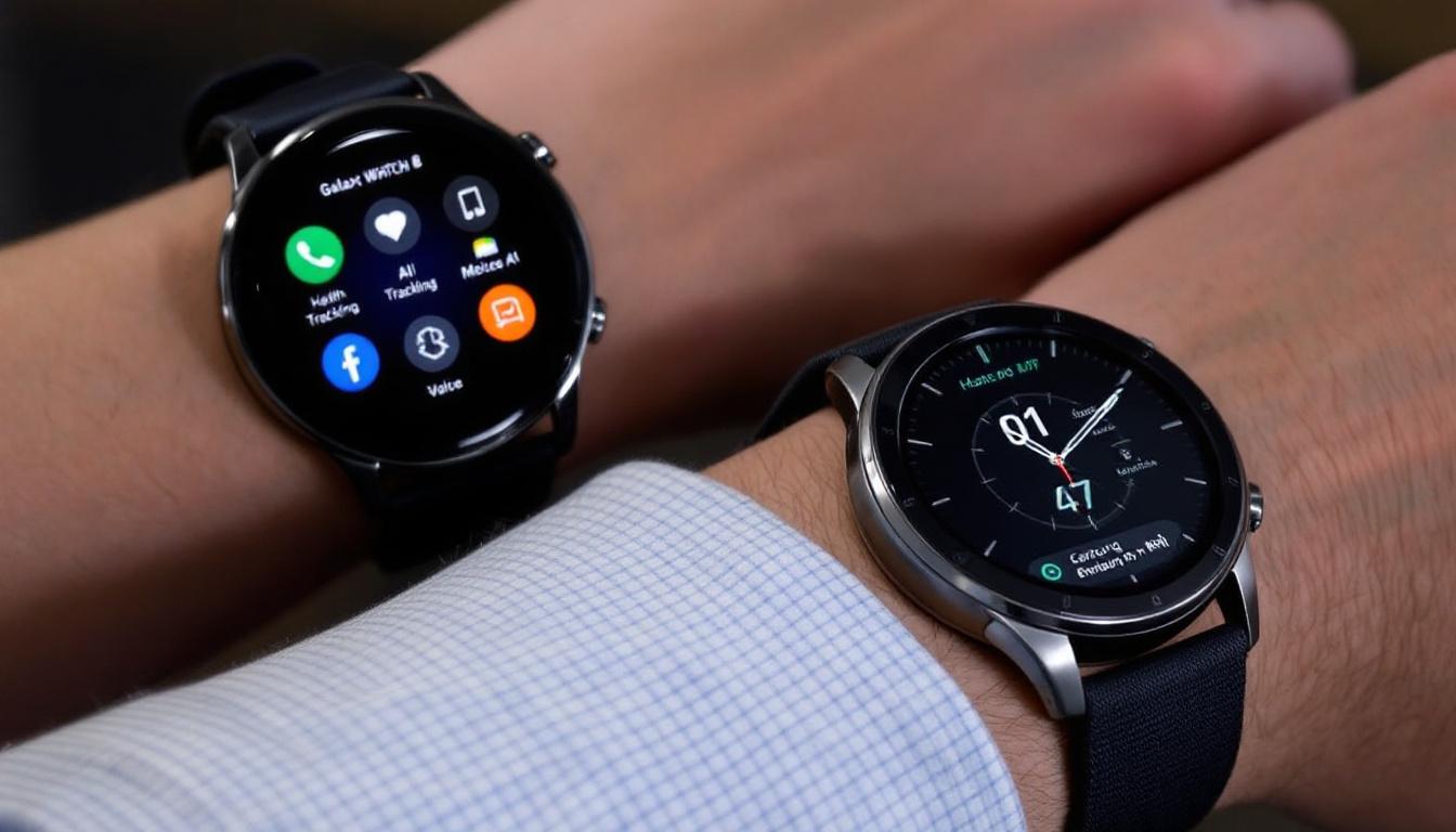 Samsung Galaxy Unpacked 2025: The Future of Foldables Gets Thinner, Smarter, and More Fun 4 Samsung Galaxy Watch 8 Ultra and Classic on wrists, displaying colorful AI-powered features and sleek faces, with digital icons symbolizing health tracking, messaging, and voice AI.