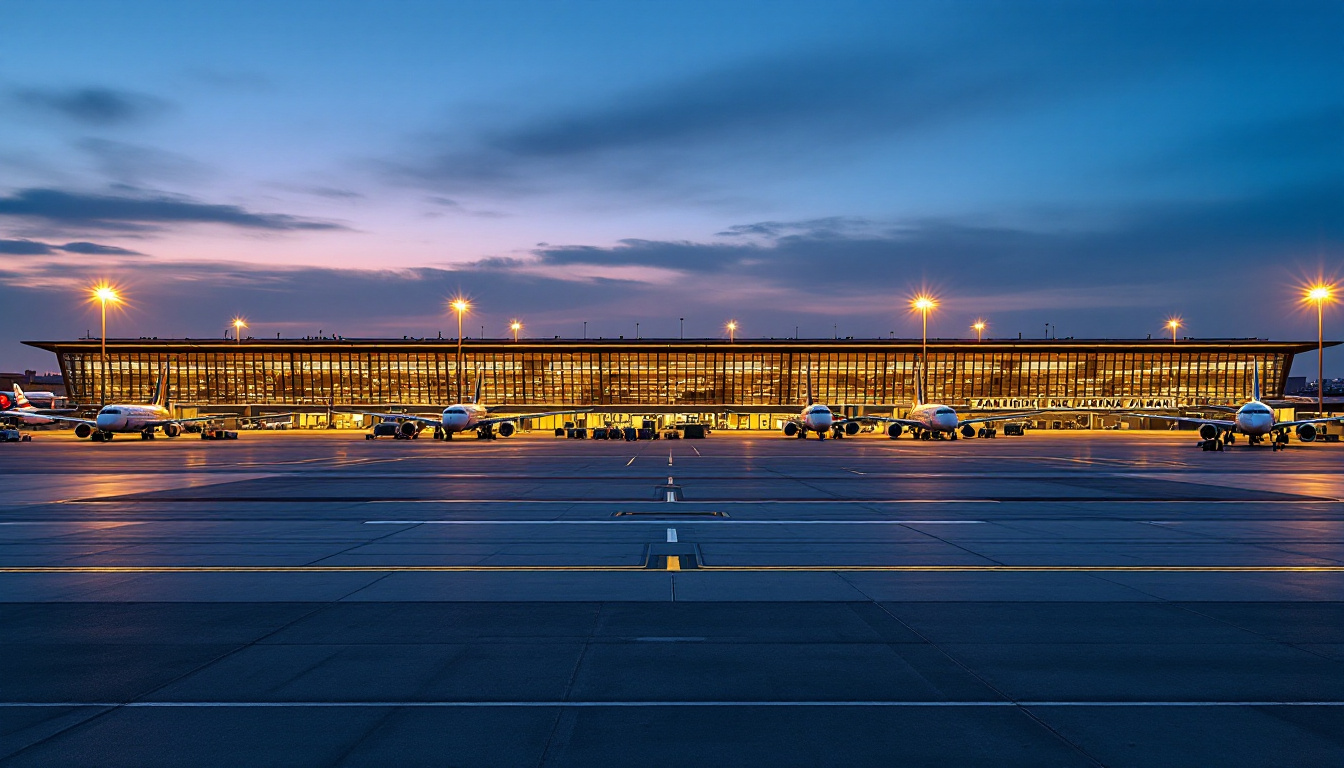 Wide view of San Diego International Airport terminal at dusk with grounded planes