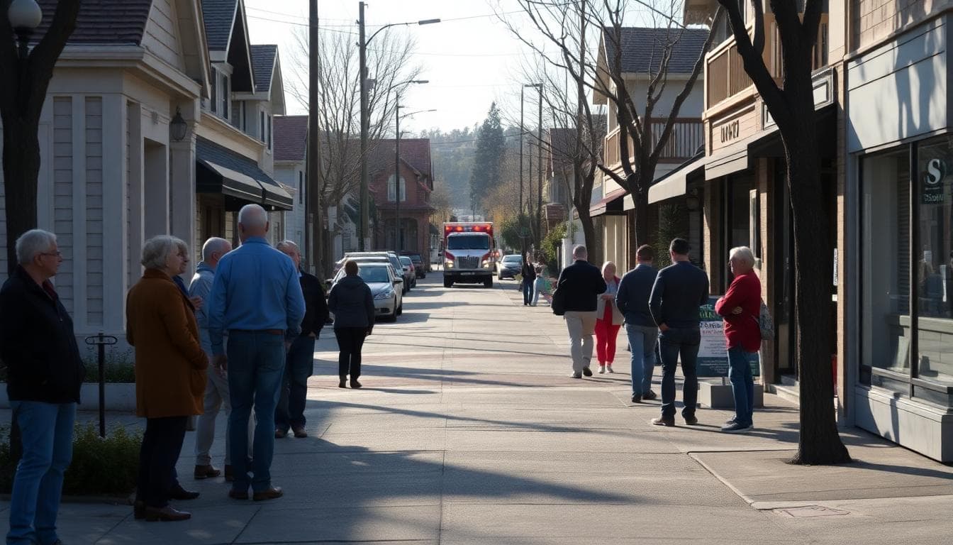 Street scene in San Ramon, California with residents calmly standing outside after a small earthquake