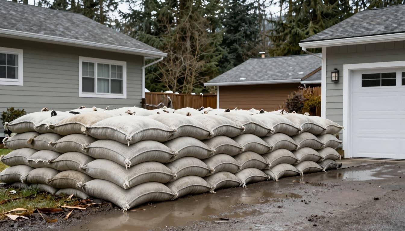 Sandbags stacked outside a home for flood protection in the Pacific Northwest