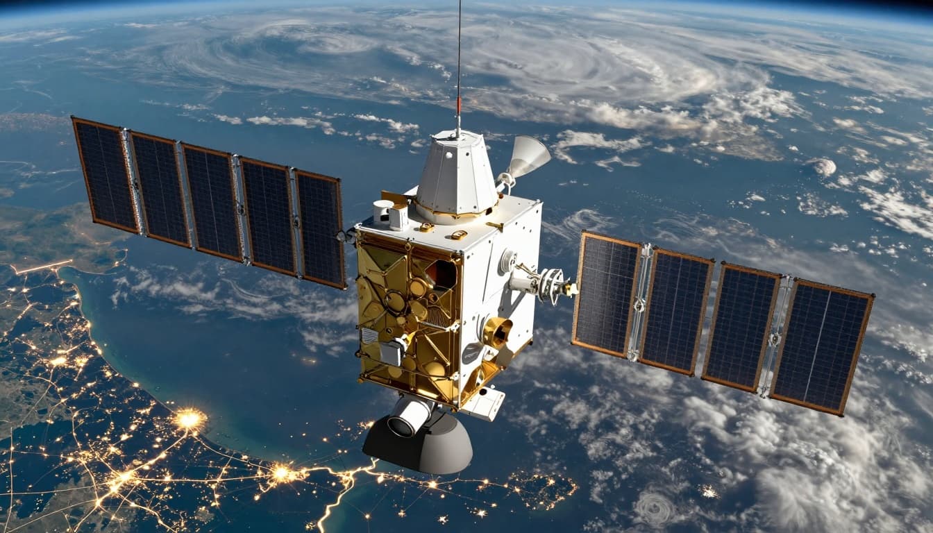 Earth observation satellite with synthetic aperture radar in orbit above Earth