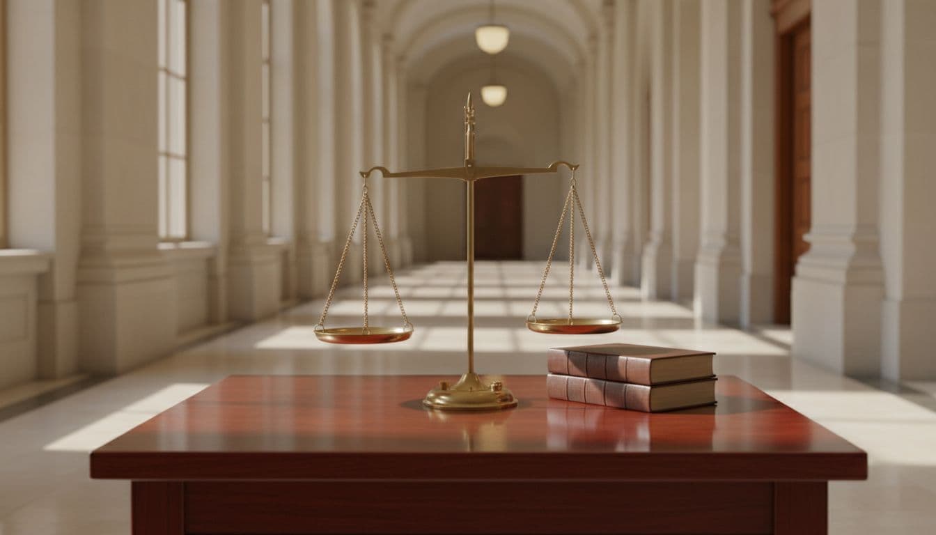 Scales of justice in a courthouse hallway with soft morning light