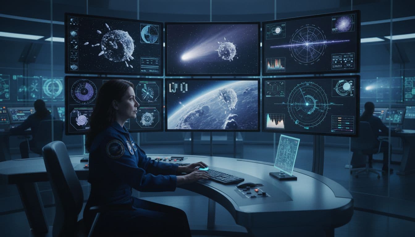 Scientist in a control room analyzing comet images on multiple monitors