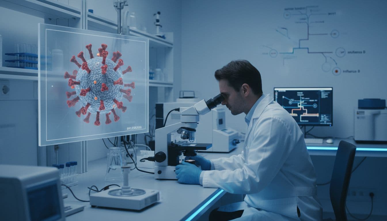 Scientist in a modern lab studying influenza virus samples under a microscope