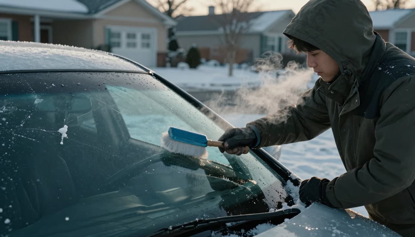 Person scraping ice off a car windshield on a cold winter morning