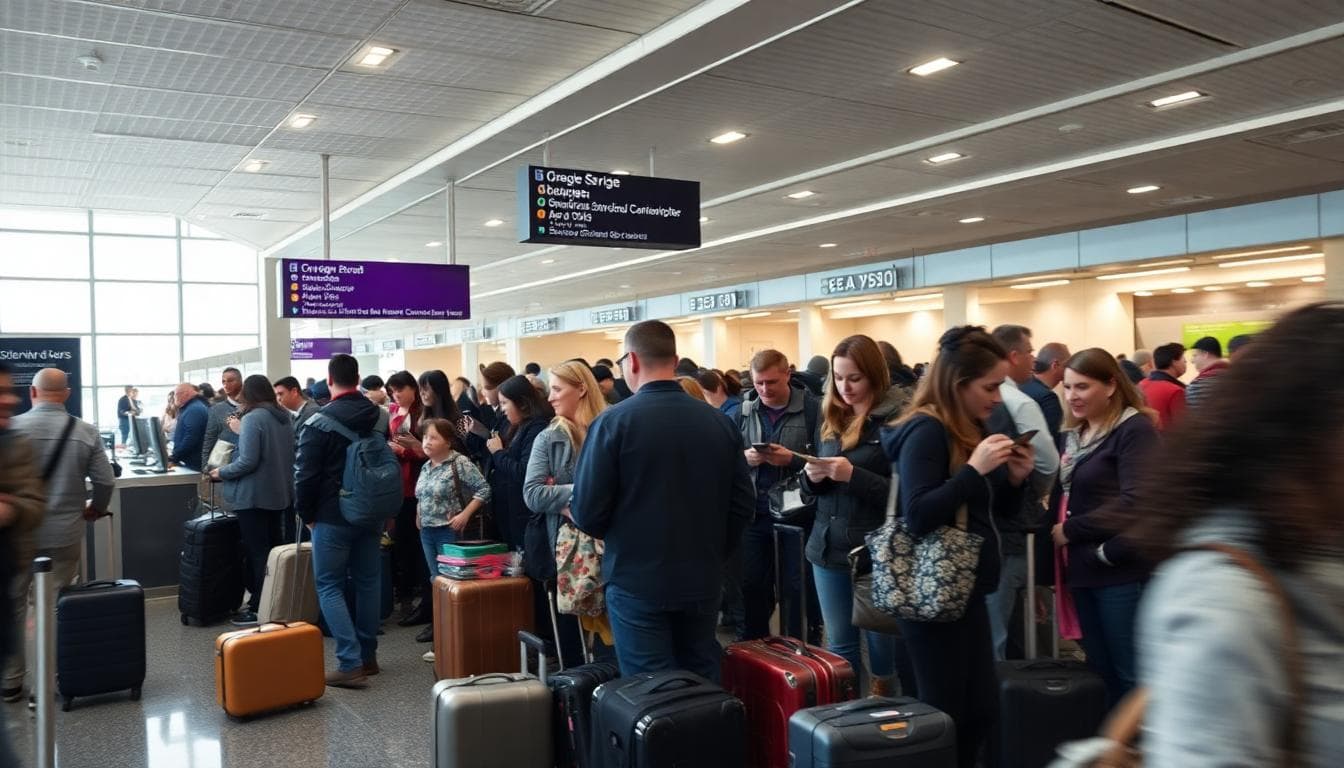 Alaska Airlines Grounds Flights Nationwide After Tech Outage; Operations Resume With Delays 4 Long line of travelers at a customer service counter in an airport during an outage.