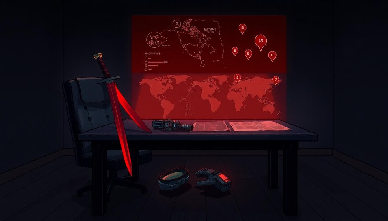 Deadpool Poised for Another Team Movie: What We Know and What We Expect 2 Secret briefing room table with a red katana and assorted generic mutant gear on a glowing mission map