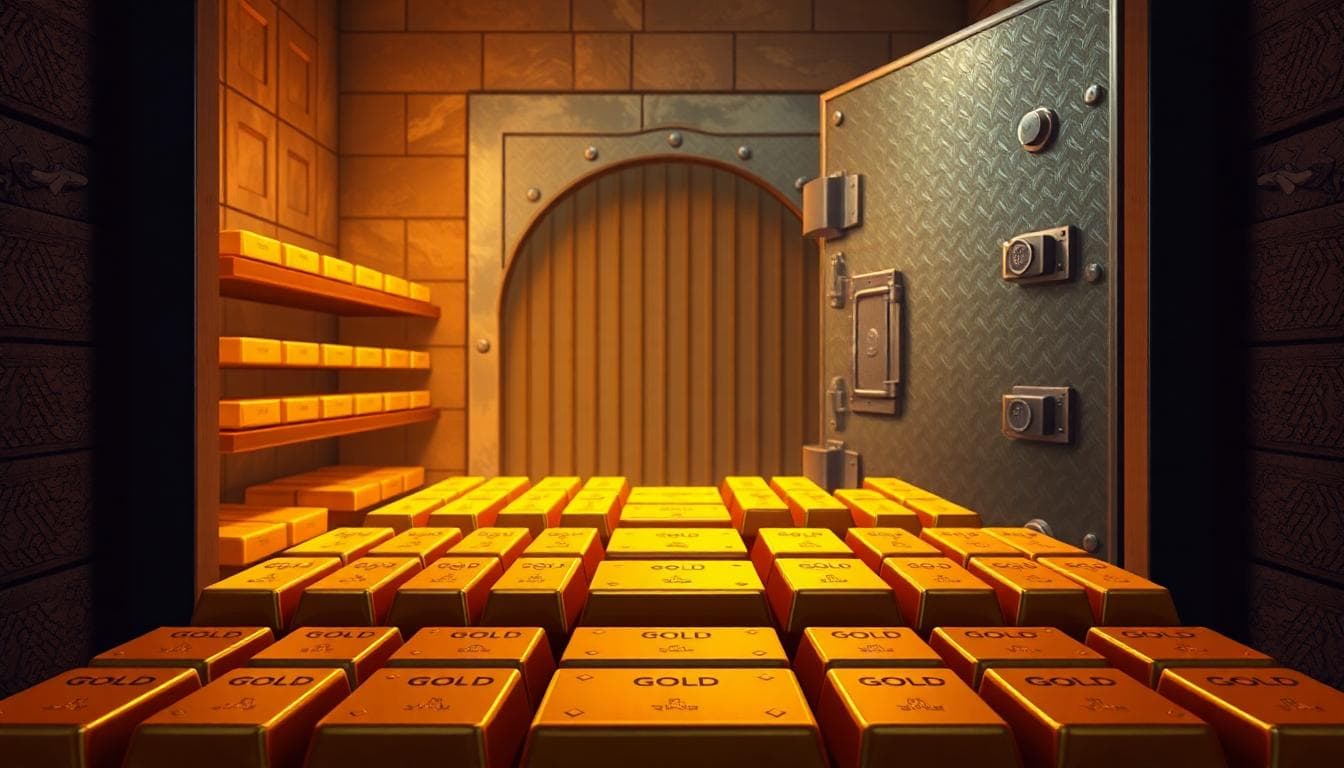 Vault interior with shelves of gold bars and a heavy door