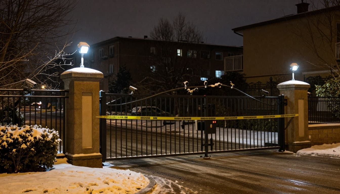 A secure compound gate at night under floodlights suggesting heightened security after an alleged incident