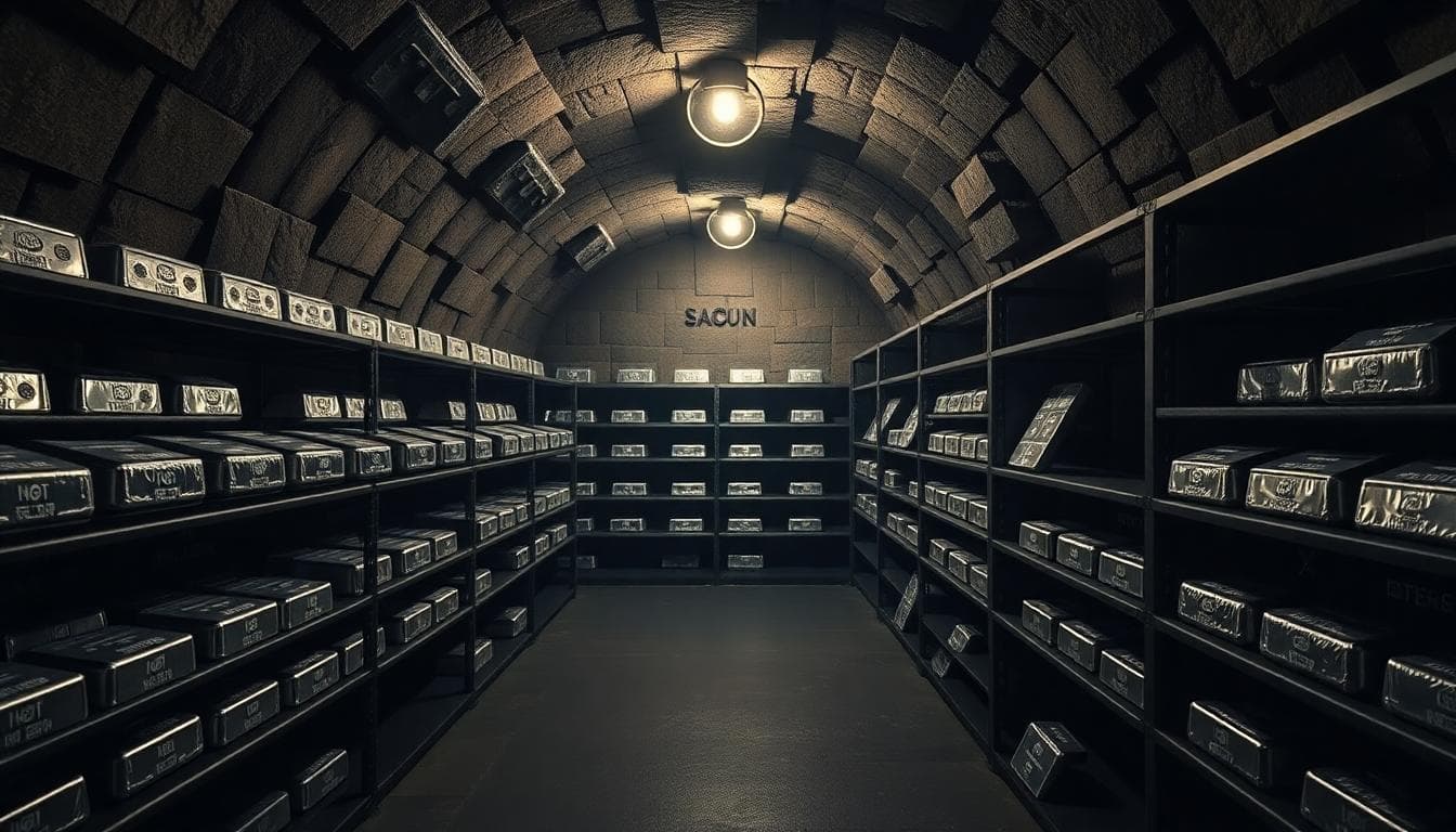 Secure underground bullion vault with rows of silver bars on shelves