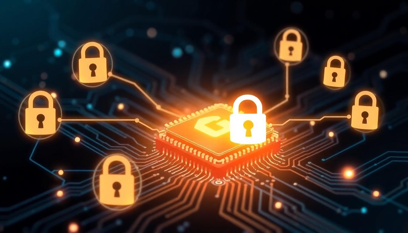 Glowing semiconductor chip on a circuit board surrounded by digital lock icons