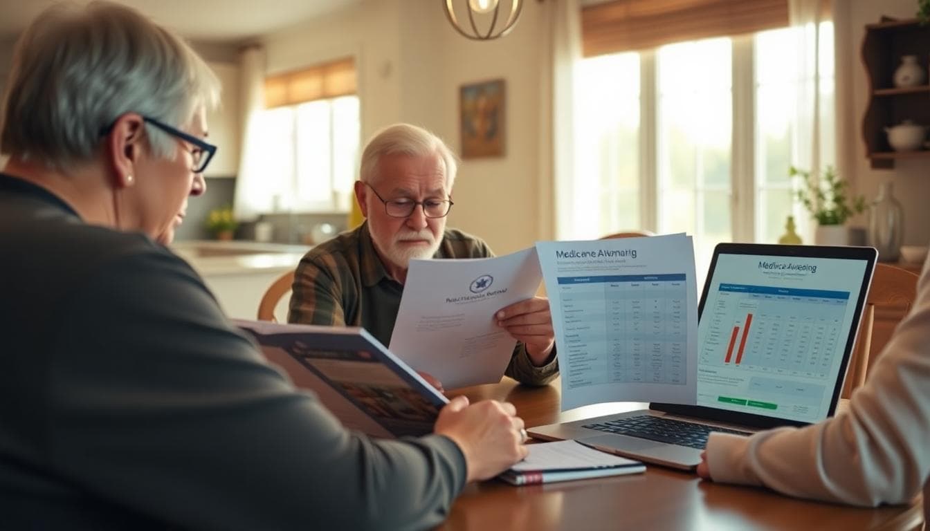 Two seniors reviewing Medicare Advantage plan options at a kitchen table