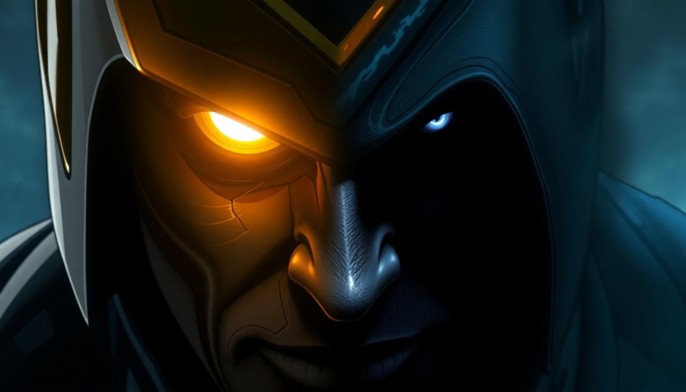 Marvel’s Thunderbolts: Lewis Pullman Talks Bob, Sentry, and the Void 3 Close-up of Sentry’s face, one half illuminated with golden superhero energy, the other side dissolving into the shadowy, menacing presence of the Void, intense emotional expression.