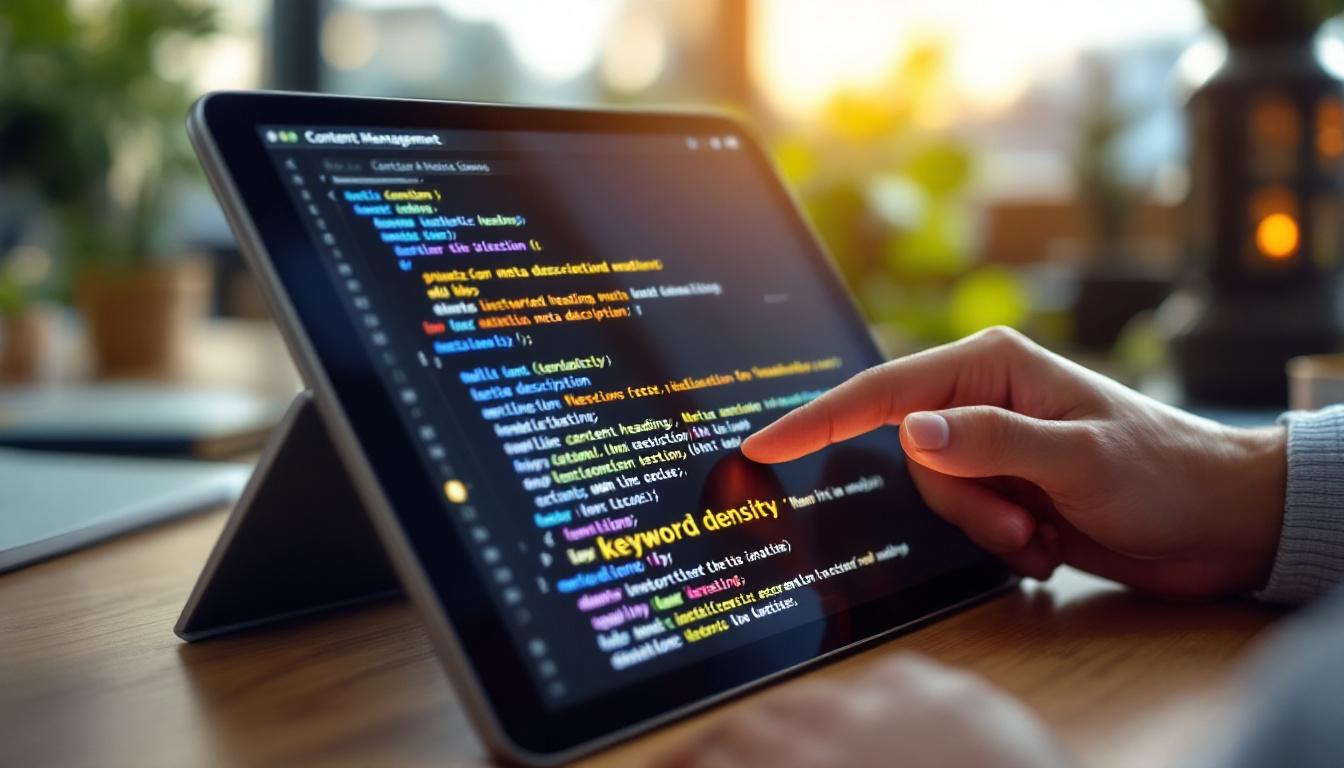 Close-up of a hand using a content management system (CMS) on a tablet, highlighting structured headings, meta description, and keyword density analysis. Modern workspace, SEO setup.