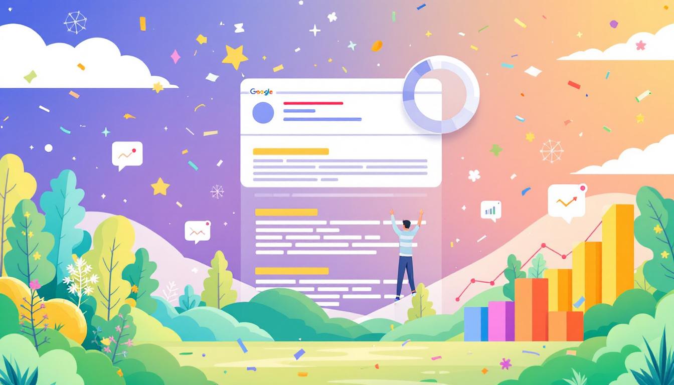 Google results page with a highlighted article snippet ranking at the top, surrounded by SEO success icons, growth chart, and digital confetti, cheerful and optimistic.