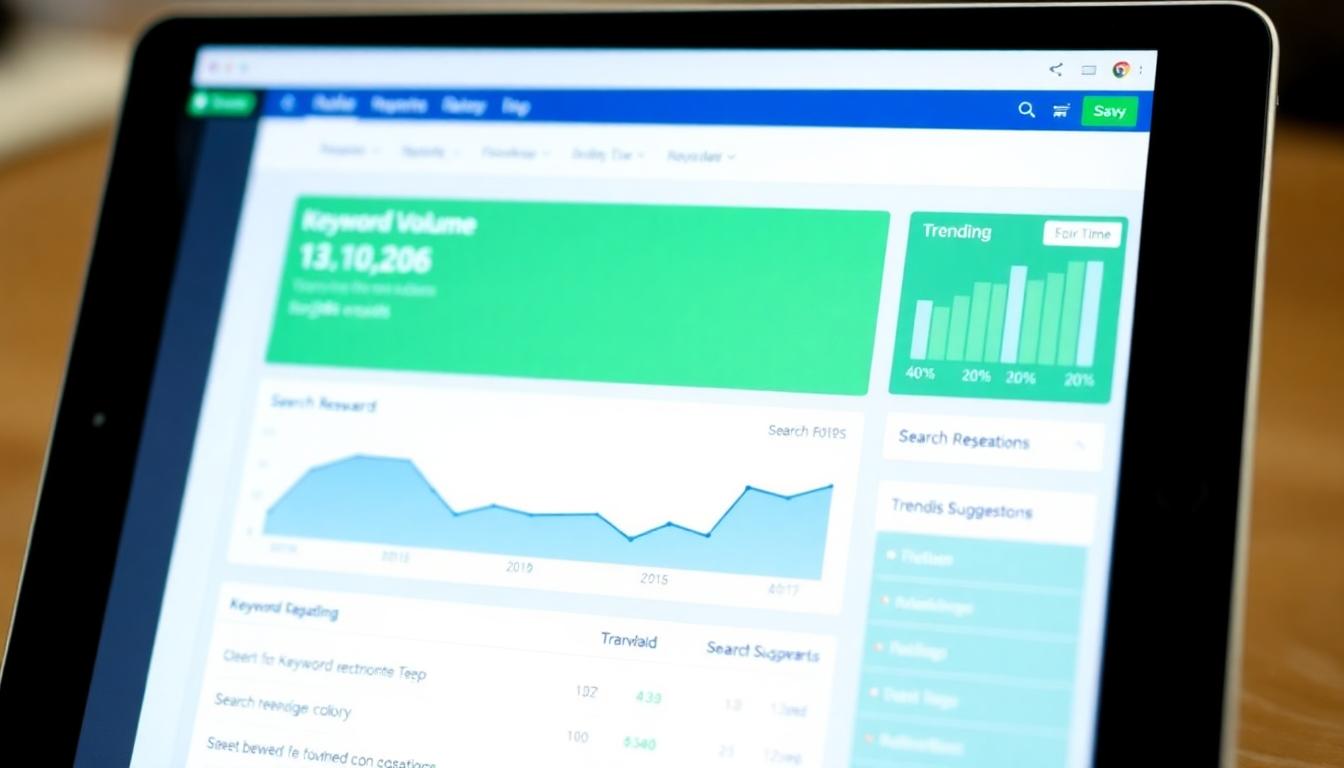 Close-up of an SEO dashboard showing keyword research, search volume, and trending suggestions on tablet