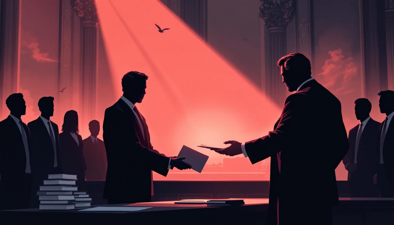 A shadowy courtroom scene: attorney handing over confidential folders to a judge, with observers watching, representing hidden legal settlements and NDAs.