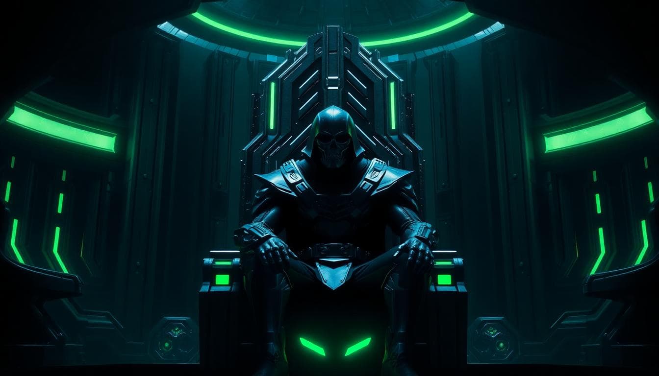 Masked armored villain on a futuristic throne in a dark green-lit chamber