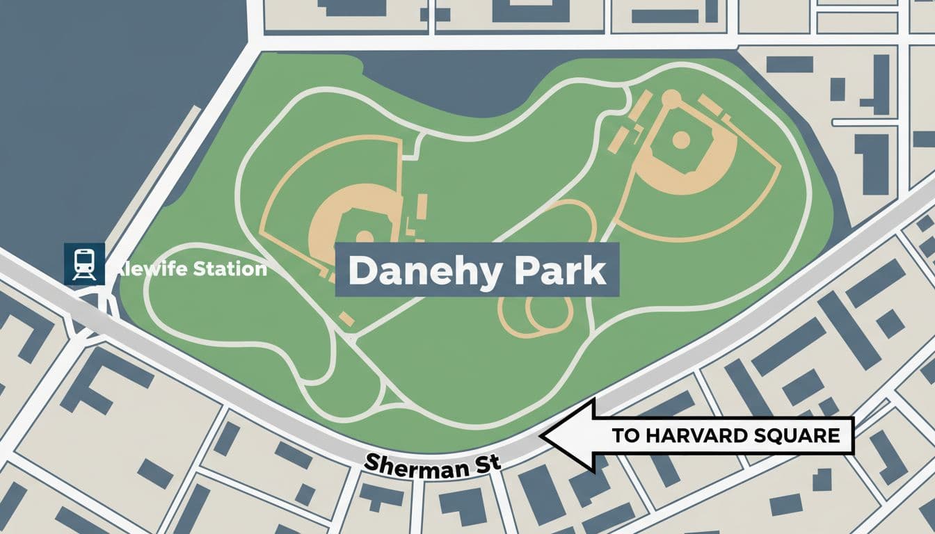 Illustrated map highlighting Sherman Street, Danehy Park, Alewife Station, and direction toward Harvard Square in Cambridge.